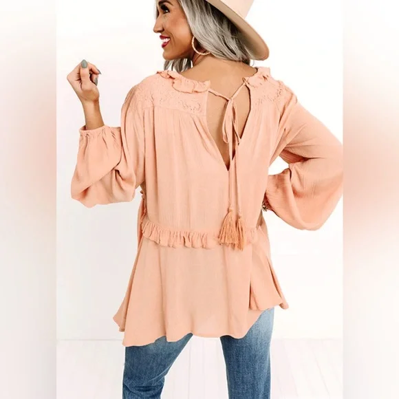NWOT Oddy Ruffle Lace Peach Blouse - Picture 2 of 9